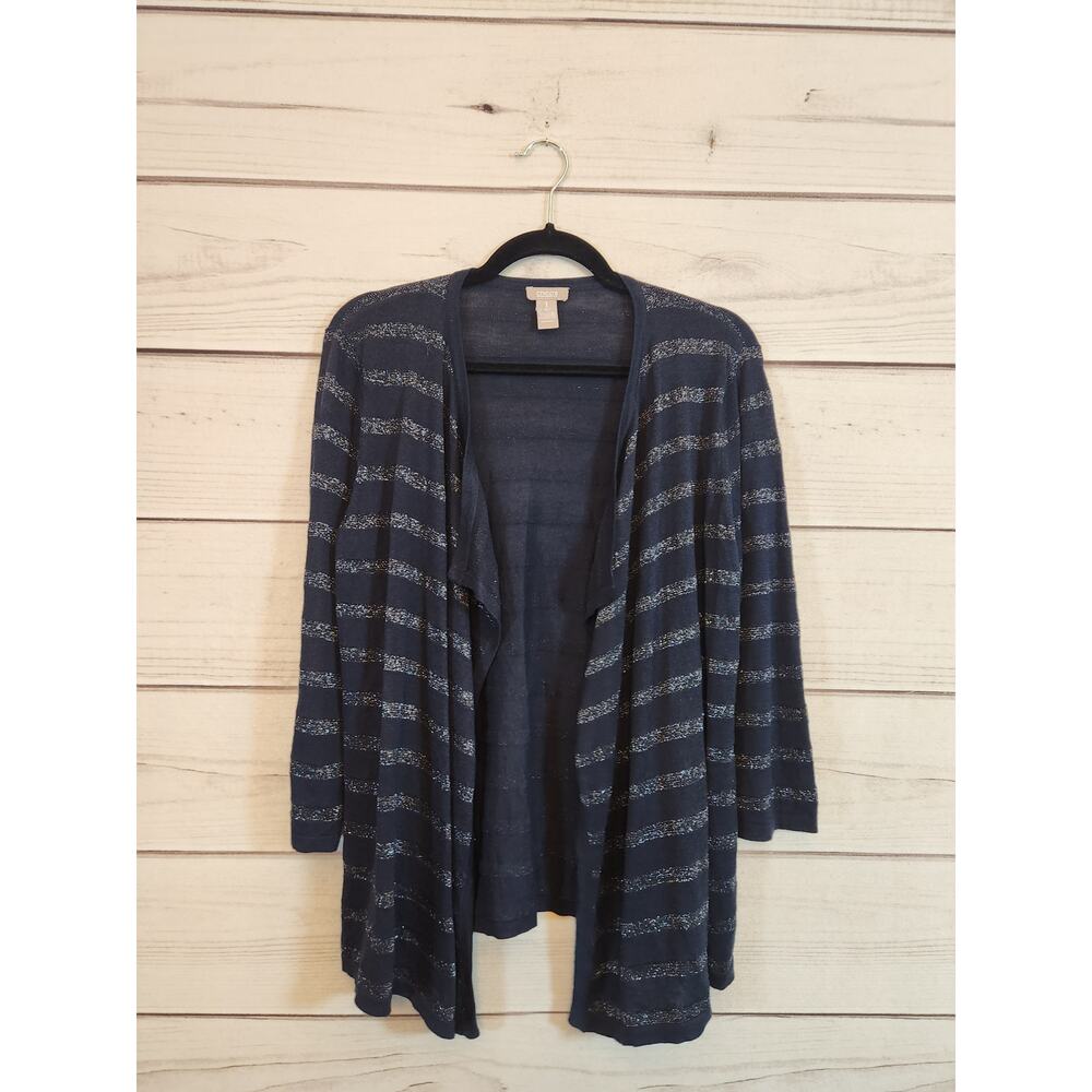 Chico's Women's Navy Blue Striped Long Sleeve Open Front Cardigan Sweaterโ M